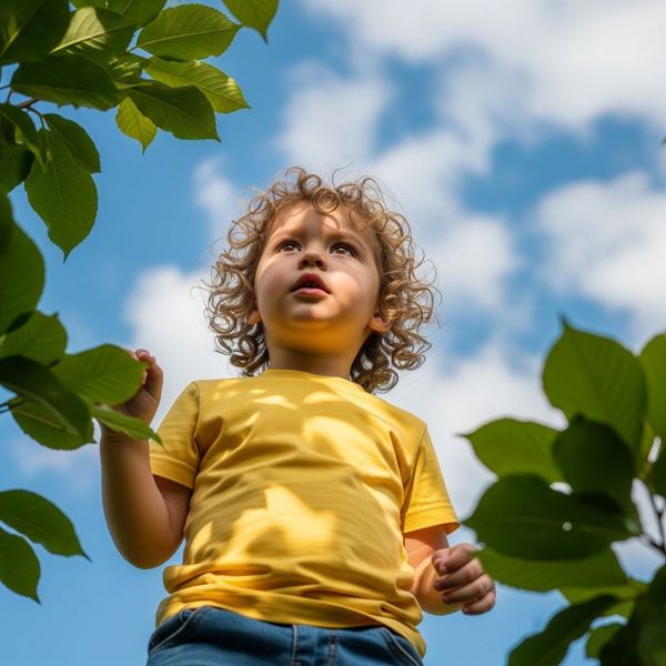 A young child looking up at the sky with wonder A young child looking up at the sky with wonder