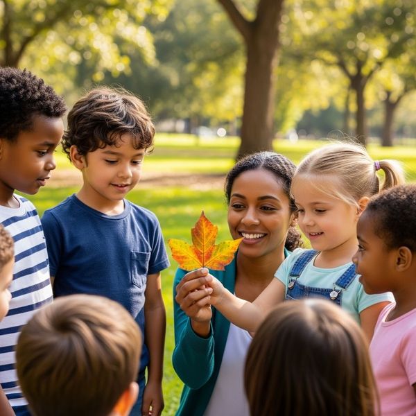 A teacher and a group of preschoolers examining a leaf A teacher and a group of preschoolers examining a leaf