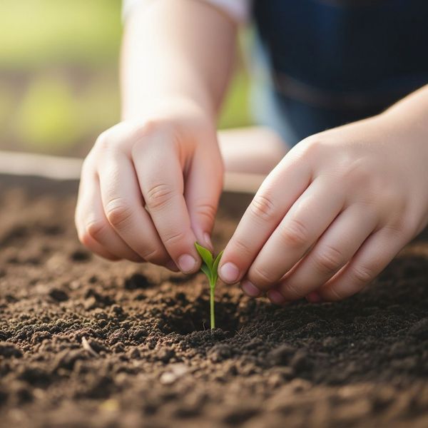 A child's hands planting a seedling A child's hands planting a seedling