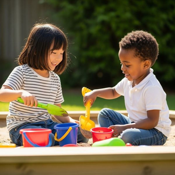 children sharing toys and playing together in a sandbox children sharing toys and playing together in a sandbox