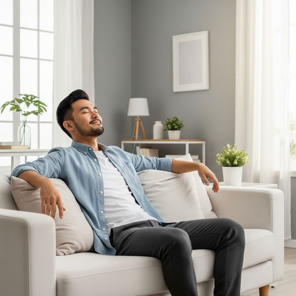 man relaxing in a clean and organized home man relaxing in a clean and organized home