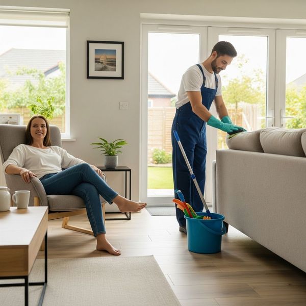 woman relaxing while a professional cleaner works in a home