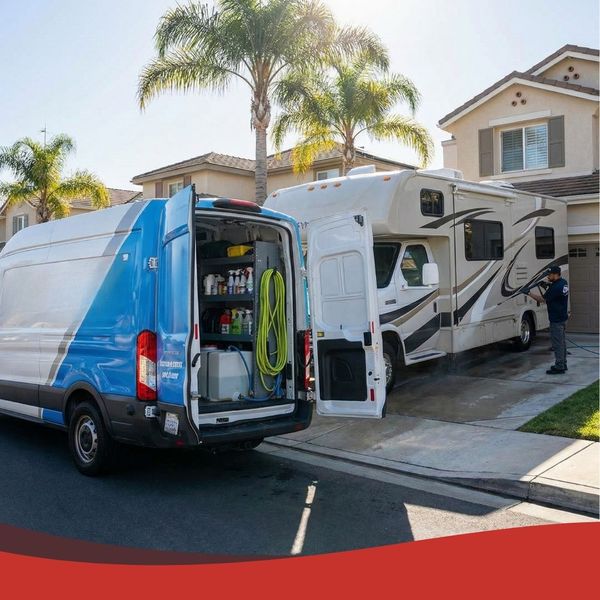 Fully equipped mobile detailing service van parked on-site at a customer's location for convenient washing.