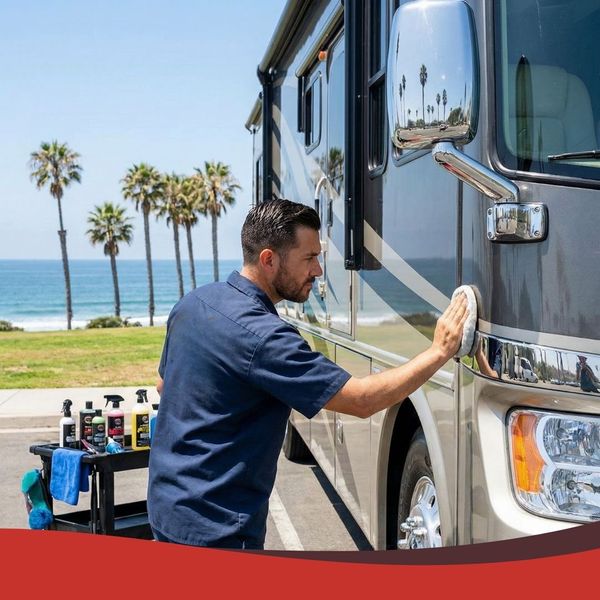Close-up of professional buffing and oxidation removal on the side of a fiberglass RV.