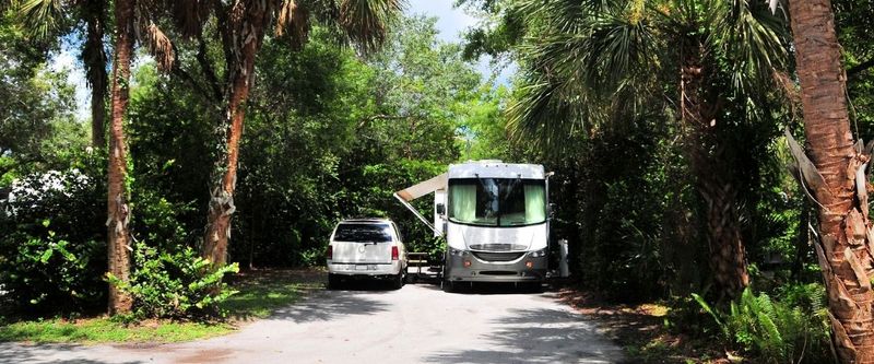 RV camper and car parked under palm trees