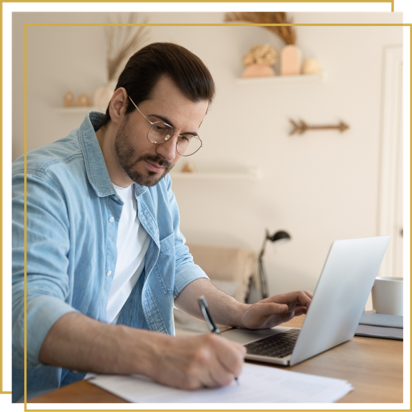 father taking a financial webinar