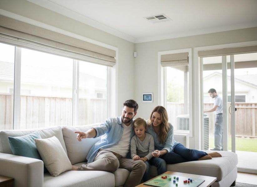 A family of three relaxing on a sofa inside while a technician services an outdoor AC unit in their backyard. Family with child on sofa, man pointing, technician working on AC outside
