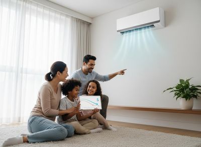 A happy family sits on the floor, looking at a wall-mounted AC unit. The children hold a tablet showing a graph of decreasing costs. Family with children enjoying efficient air conditioner and cost savings