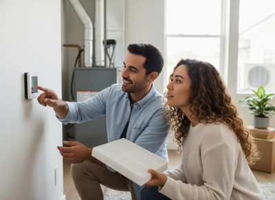 Couple adjusting smart thermostat and holding HVAC filter
