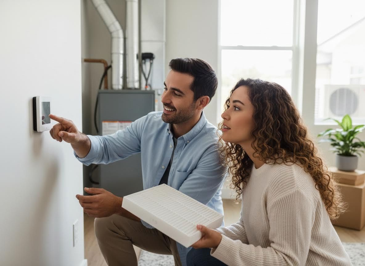 Couple adjusting smart thermostat and holding HVAC filter