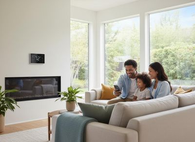 Family enjoying smart home technology in a modern living room