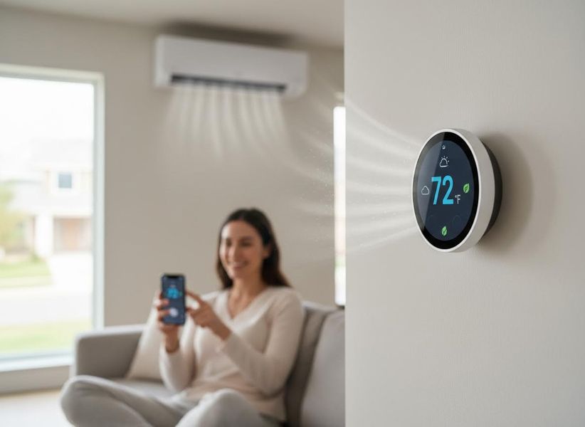A blurred woman controls an AC unit with her smartphone, as a smart thermostat displays 72°F and airflow on a wall. Smart Thermostat and AC Control