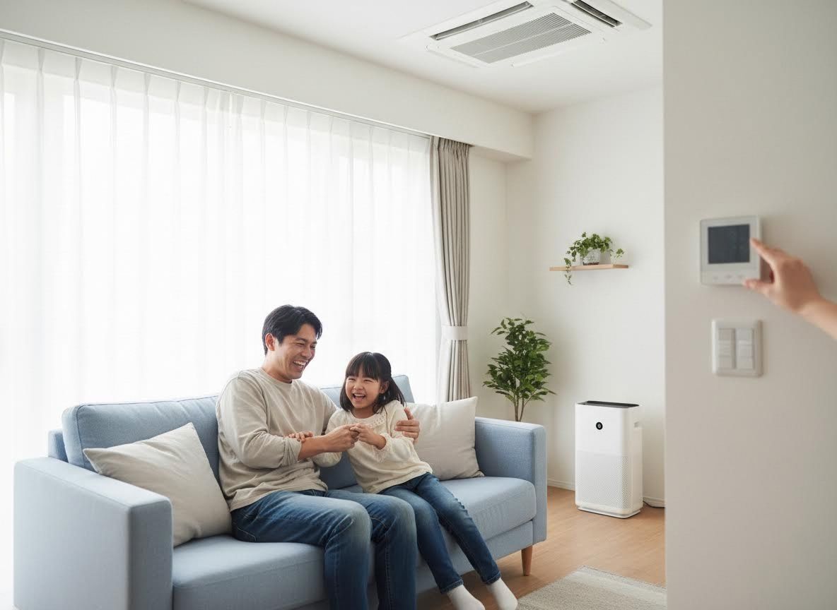 Father and daughter enjoying clean, conditioned air at home