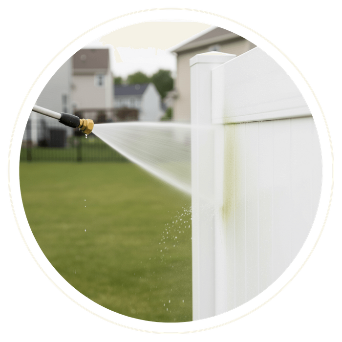 A close-up shot of a pressure washer nozzle spraying a white vinyl fence, stripping away a layer of green algae to reveal the clean white surface beneath. A close-up shot of a pressure washer nozzle spraying a white vinyl fence, stripping away a layer of green algae to reveal the clean white surface beneath.