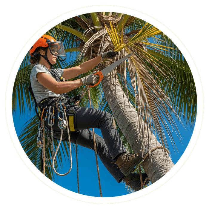 A female certified arborist in full safety gear, including a helmet and harness, braces herself high up on a palm tree trunk to saw off a dry frond against a clear blue sky. A female certified arborist in full safety gear, including a helmet and harness, braces herself high up on a palm tree trunk to saw off a dry frond against a clear blue sky.