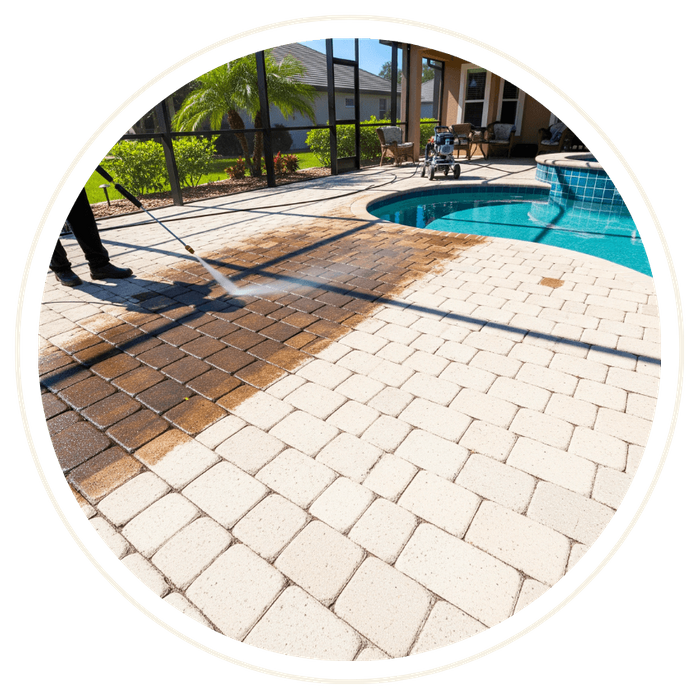 A pool deck being pressure washed, showing a clean section next to a dirty one. A pool deck being pressure washed, showing a clean section next to a dirty one.