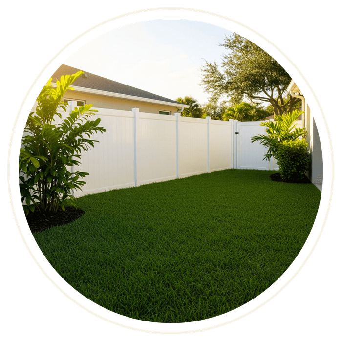 A new white vinyl fence enclosing a lush backyard of a Florida home. A new white vinyl fence enclosing a lush backyard of a Florida home.