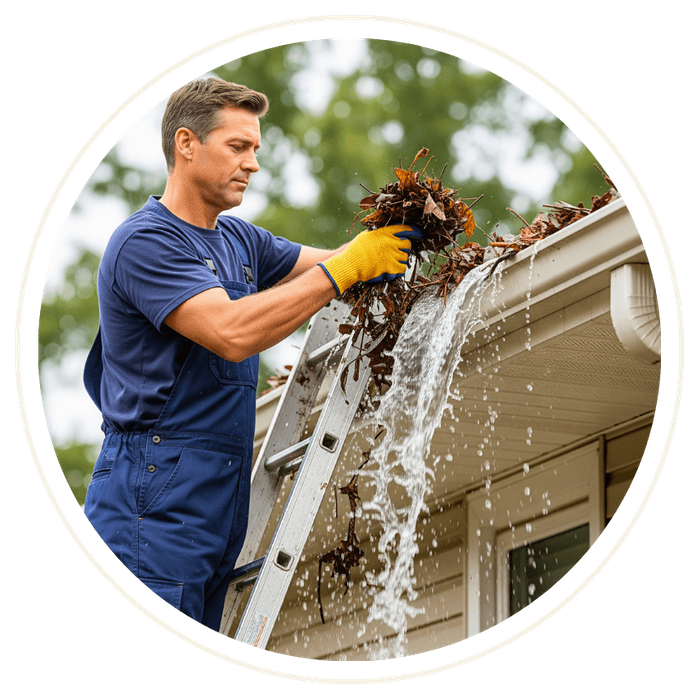 a professional clearing a clogged gutter while safely on a ladder a professional clearing a clogged gutter while safely on a ladder