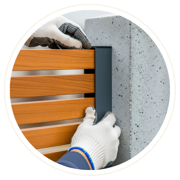 A craftsman's hands installing a modern horizontal wood fence panel onto a post.