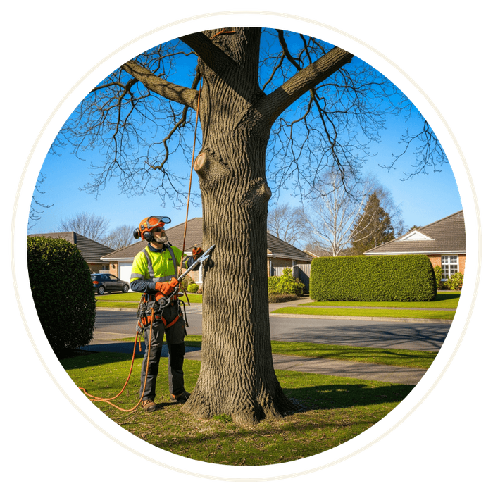 An arborist in full safety gear trimming a large oak tree in a residential area. An arborist in full safety gear trimming a large oak tree in a residential area.