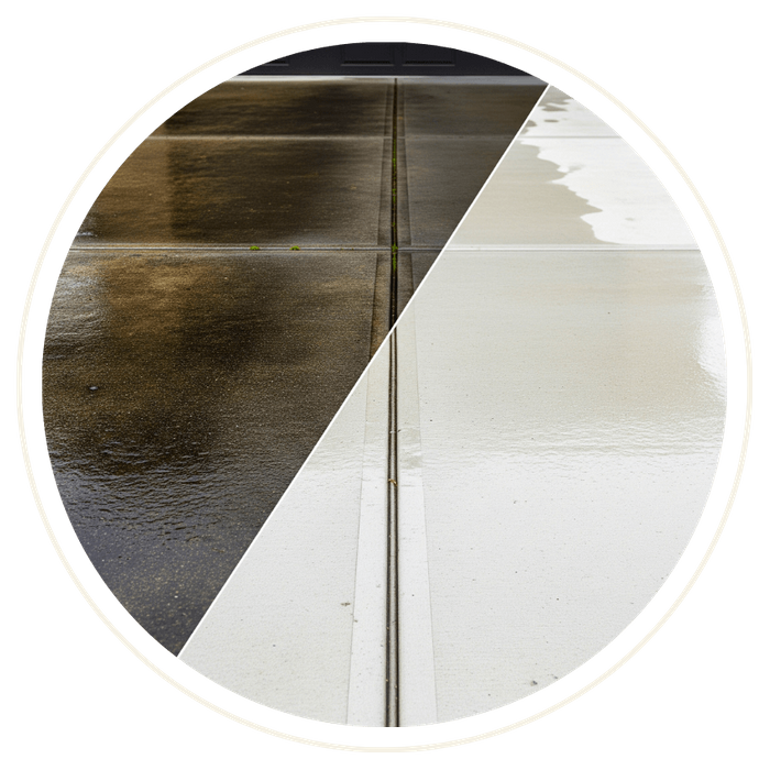 A split image showing a concrete driveway half dirty and half sparkling clean from pressure washing. A split image showing a concrete driveway half dirty and half sparkling clean from pressure washing.