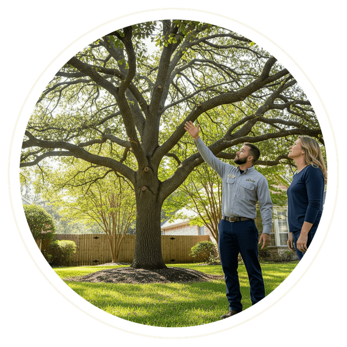 A male arborist in a company uniform stands on a lawn with a female homeowner, pointing up to a branch on a large oak tree as they discuss its care. A male arborist in a company uniform stands on a lawn with a female homeowner, pointing up to a branch on a large oak tree as they discuss its care.