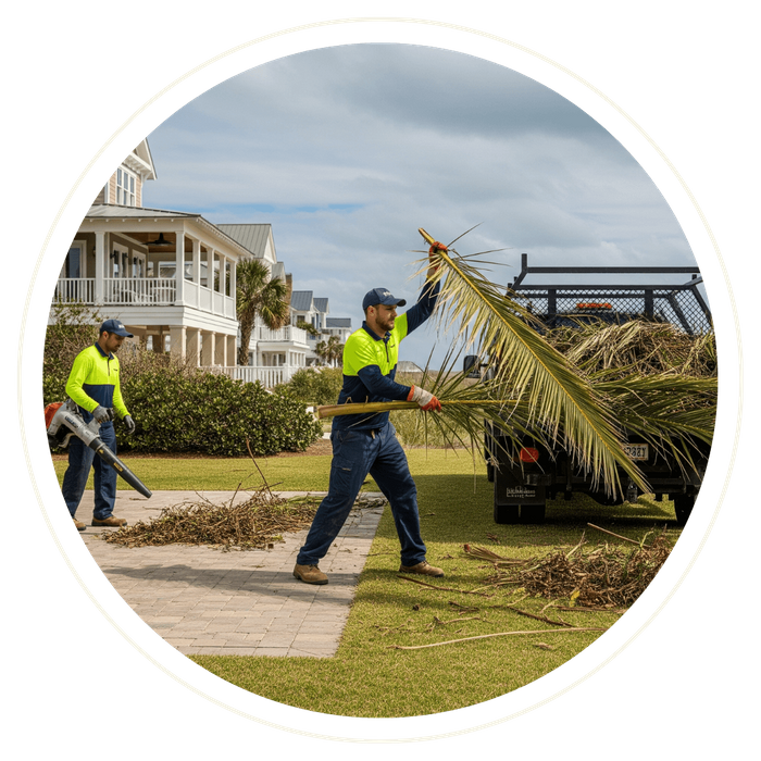 Two workers in uniform clean up storm debris on a coastal property; one uses a leaf blower on a patio while the other loads a large palm frond onto a work truck. Two workers in uniform clean up storm debris on a coastal property; one uses a leaf blower on a patio while the other loads a large palm frond onto a work truck.