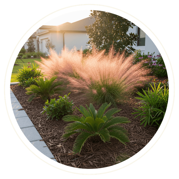 A modern front yard garden bed edged with concrete blocks, featuring native Florida plants like feathery pink muhly grass and green coontie palms set in fresh pine bark mulch. A modern front yard garden bed edged with concrete blocks, featuring native Florida plants like feathery pink muhly grass and green coontie palms set in fresh pine bark mulch.