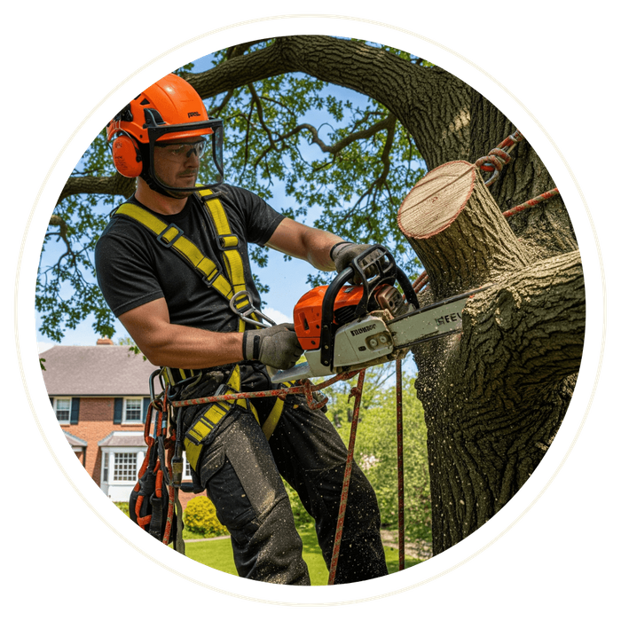 A certified arborist in full safety gear performing professional tree removal services on a residential property in Osceola. A certified arborist in full safety gear performing professional tree removal services on a residential property in Osceola.