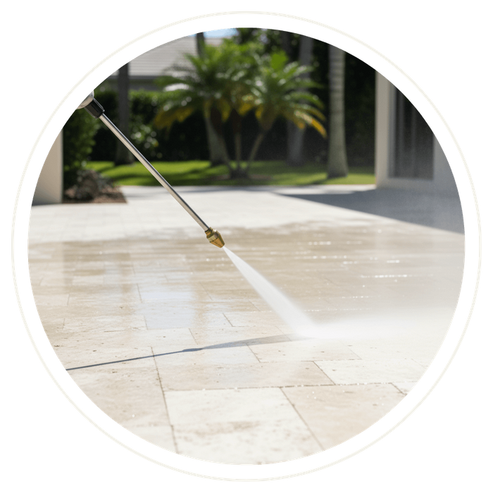 The legs of a person using a pressure washer on a light-colored travertine patio, showing a dramatic clean line between the dark, dirty surface and the bright, clean surface. The legs of a person using a pressure washer on a light-colored travertine patio, showing a dramatic clean line between the dark, dirty surface and the bright, clean surface.