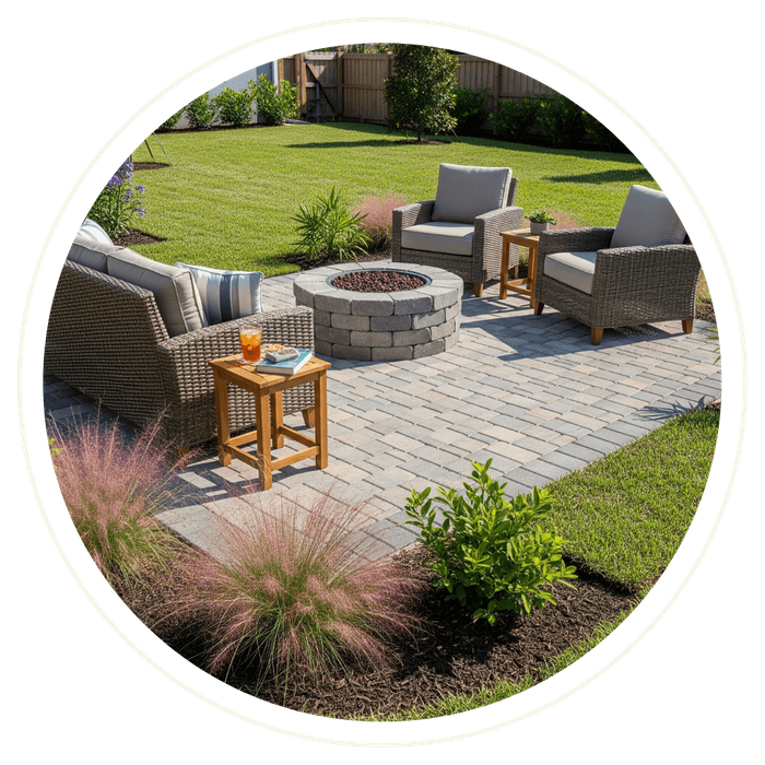 A newly installed backyard paver patio with a stone fire pit is surrounded by comfortable wicker furniture, fresh green grass, and pink muhly grass landscaping. A newly installed backyard paver patio with a stone fire pit is surrounded by comfortable wicker furniture, fresh green grass, and pink muhly grass landscaping.