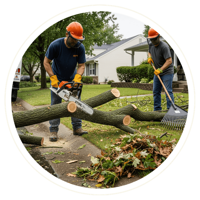Two professional cleanup workers in a suburban front yard after a storm; one uses a chainsaw to cut a fallen oak branch while the other rakes leaves and twigs. Two professional cleanup workers in a suburban front yard after a storm; one uses a chainsaw to cut a fallen oak branch while the other rakes leaves and twigs.
