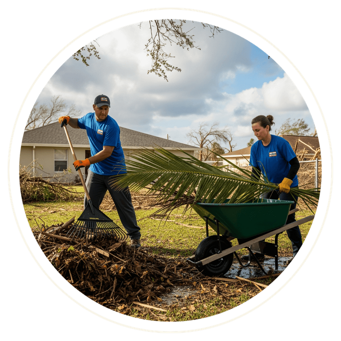 A cleanup crew from Pelor efficiently clearing fallen branches and storm debris from the yard of an Osceola home. A cleanup crew from Pelor efficiently clearing fallen branches and storm debris from the yard of an Osceola home.