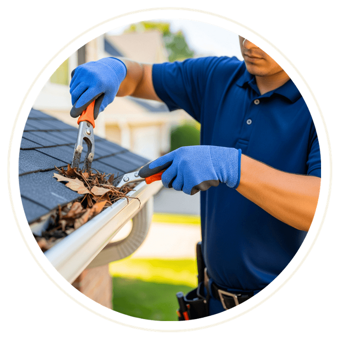 A uniformed worker safely clearing leaves and debris from a residential rain gutter. A uniformed worker safely clearing leaves and debris from a residential rain gutter.