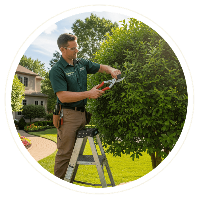 A uniformed tree care professional stands on a small ladder using hand pruners to precisely shape a green ornamental tree in a sunny front yard. A uniformed tree care professional stands on a small ladder using hand pruners to precisely shape a green ornamental tree in a sunny front yard.