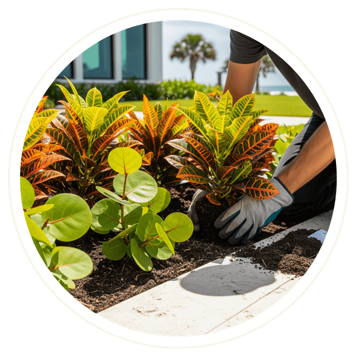 A professional landscaper in work gloves kneels on a travertine walkway, carefully planting colorful croton and sea grape plants in a garden bed. A professional landscaper in work gloves kneels on a travertine walkway, carefully planting colorful croton and sea grape plants in a garden bed.
