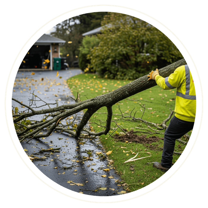 A cleanup crew member in a yellow high-visibility jacket and hard hat urgently drags a large, broken tree limb off a residential driveway and onto the lawn after a storm. A cleanup crew member in a yellow high-visibility jacket and hard hat urgently drags a large, broken tree limb off a residential driveway and onto the lawn after a storm.