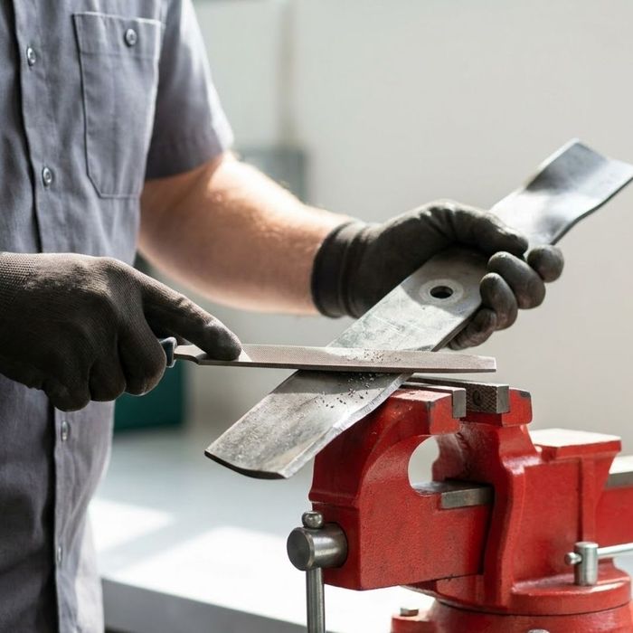 A technician sharpens a mower blade with a file.