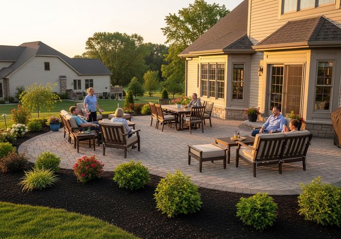 A group of people enjoying a gathering on a beautifully designed outdoor patio at sunset, featuring comfortable seating, lush landscaping, and an inviting atmosphere. Outdoor Patio Gathering at Sunset