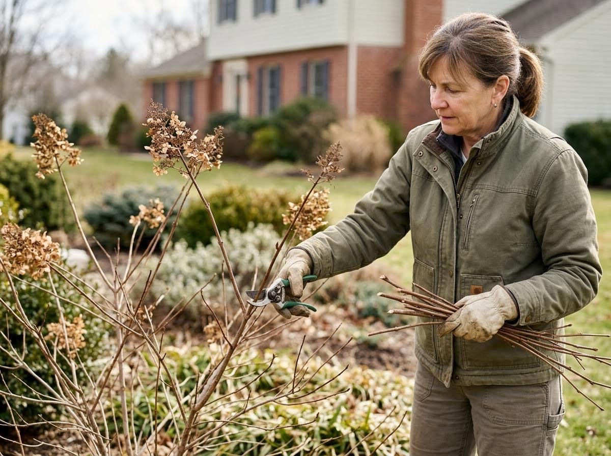 Woman Pruning Dormant Hydrangea Bush