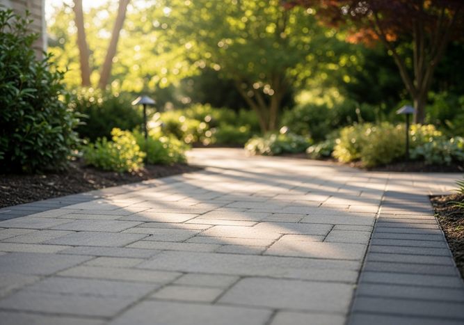 A stone walkway meanders through a lush green garden, sunlight dappling the path and highlighting the textures of the stone. Bushes and trees line the way, creating a tranquil and inviting outdoor space. Stone pathway in a garden