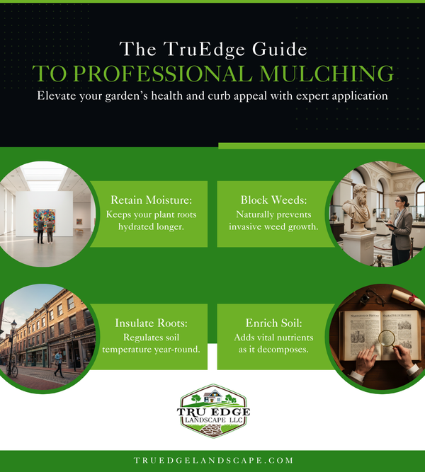 Infographic titled 'Why Choose Professional Mulching?' by TruEdge Landscape, highlighting four key garden benefits: moisture retention, weed suppression, root insulation, and soil enrichment in Shippensberg