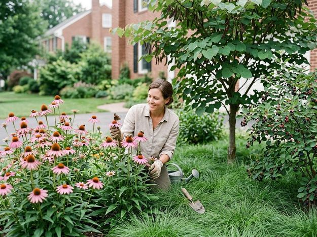 A smiling woman wearing gardening gloves kneels among vibrant pink coneflowers, observing butterflies and bees in a lush green garden setting. Woman tending coneflowers in a garden with butterflies