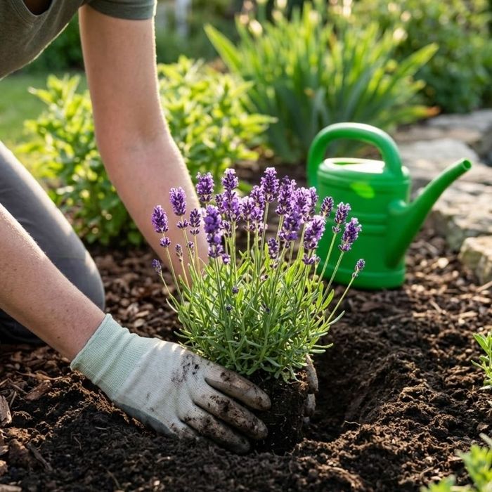 A person planting a young purple shrub in soil.