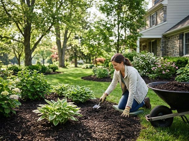 A woman kneels in a sunny garden, using a trowel to spread dark mulch around green plants like hostas. A wheelbarrow of mulch is nearby. Woman mulching garden bed around plants