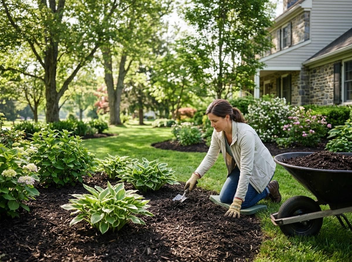 Woman mulching garden bed around plants