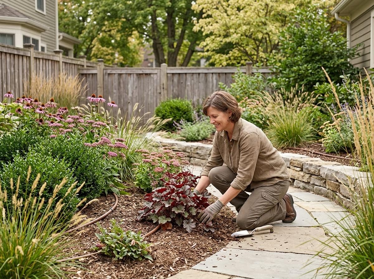 Woman gardening in a lush backyard