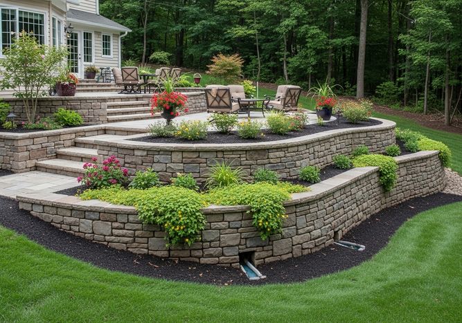 A beautifully landscaped backyard features tiered stone walls filled with colorful flowers and lush greenery, creating a multi-level outdoor living space. Stone Tiered Landscaping