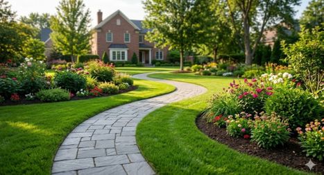 A professional landscape photograph of a winding stone paver path in a vibrant residential garden.