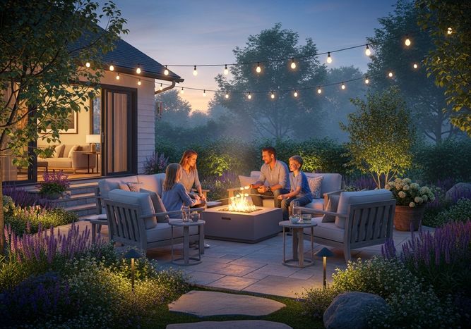 A family of four enjoys an evening outdoors around a modern square fire pit, toasting marshmallows as dusk settles in. String lights illuminate the backyard patio, enhancing the cozy ambiance of the gathering. Landscaping with lavender and other plants surrounds the paved patio, creating a serene and inviting outdoor living space. Family Roasting Marshmallows by the Fire Pit at Dusk